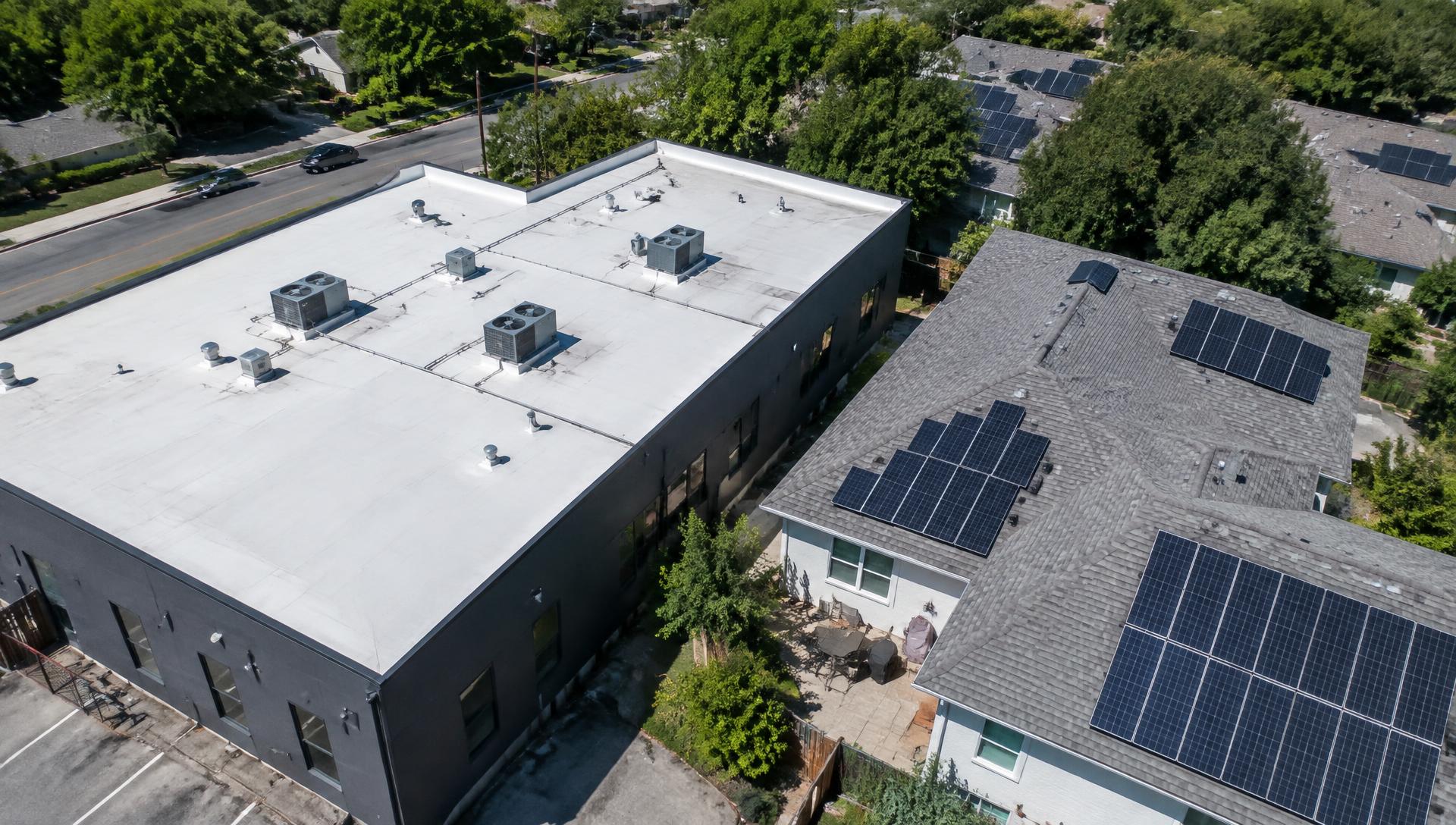 Commercial roofing and residential exterior projects from above